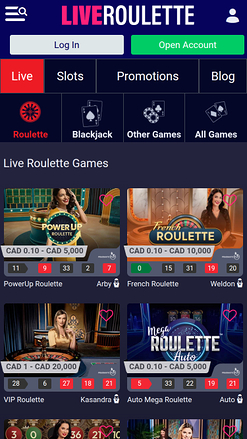 Page d'accueil mobile du casino de roulette en direct