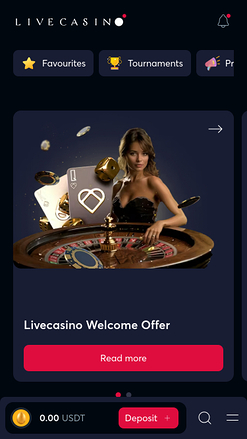 Homepage mobile di Livecasino