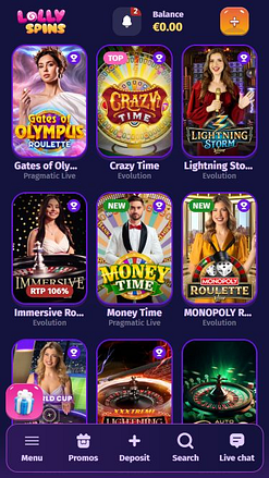 Casino mobile Lolly Spins avec croupier en direct