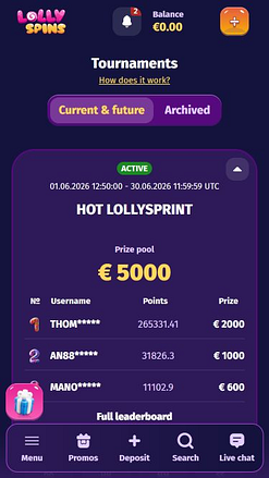 Tournois mobiles du casino Lolly Spins