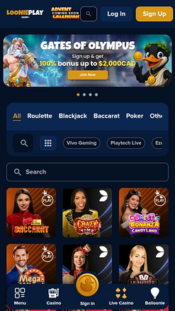 LooniePlay Casino live dealer mobile page