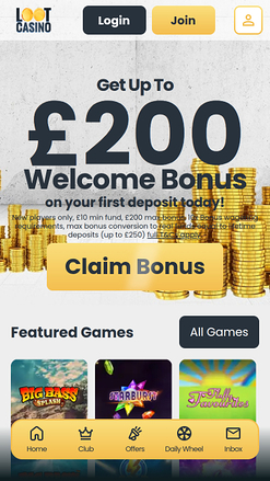 Page d'accueil mobile de Loot Casino