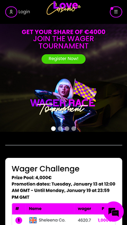 Page d'accueil mobile de Lovecasino