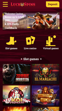Page d'accueil mobile du casino Luck Of Spins