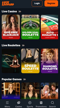 Capture d'écran de la page mobile en direct du casino Luck Leopard