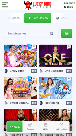 Casino mobile Lucky Bird avec croupier en direct