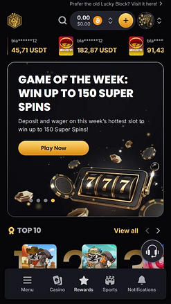 Página de inicio móvil de Lucky Block Casino