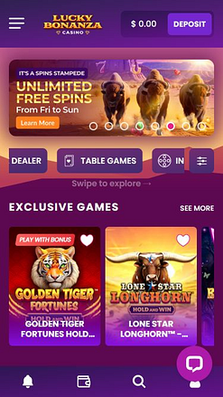 Домашняя страница мобильного приложения казино Lucky Bonanza