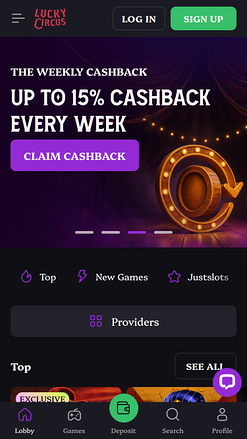 Lucky Circus Casino Mobile Homepage