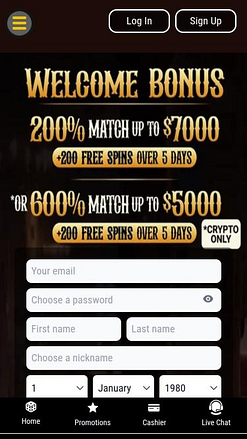 Página de inicio móvil de Lucky Creek Casino