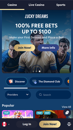Page d'accueil mobile du casino Lucky Dreams