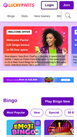 Page d'accueil mobile de Lucky Pants Bingo