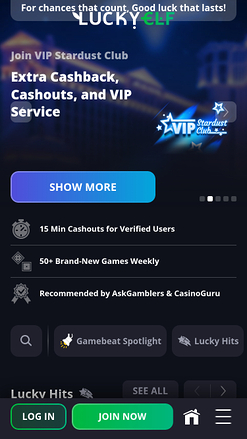 Luckyelf Casino Mobile Homepage