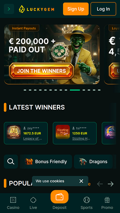 Luckygem Casino Mobile Homepage