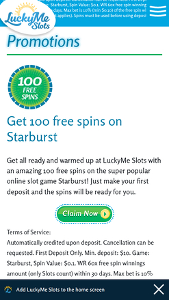 Promozioni per dispositivi mobili di LuckyMe Slots Casino