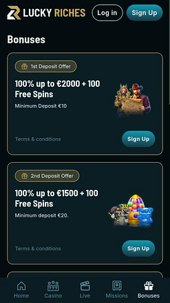 Pagina mobile delle promozioni di LuckyRiches Casino