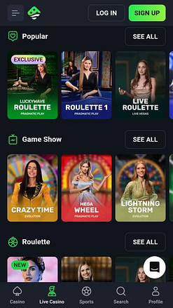 Мобильная страница казино LuckyWave с живыми дилерами