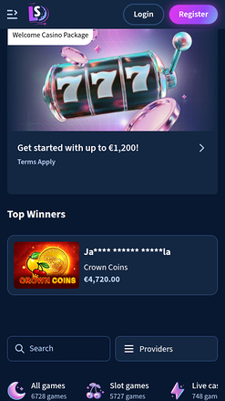 Page d'accueil mobile du casino LunarSpins