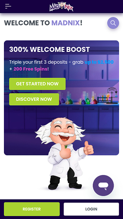 Page d'accueil mobile du casino Madnix