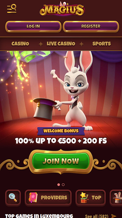 Page d'accueil mobile du casino Magius