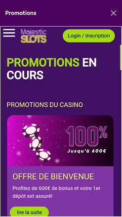 Promotions mobiles du casino Majestic Slots