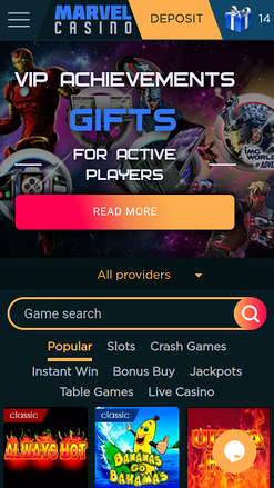 Главная страница мобильного приложения Marvel Casino