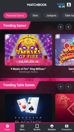 Page d'accueil mobile de Matchbook Casino