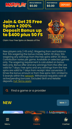 Главная страница мобильного приложения Maxiplay Casino