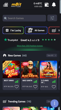 mBit Casino Mobile Homepage