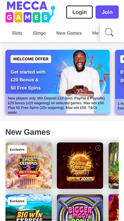 Página de inicio móvil del casino Mecca Games