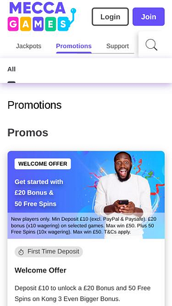 Página móvil de promociones de Mecca Games Casino