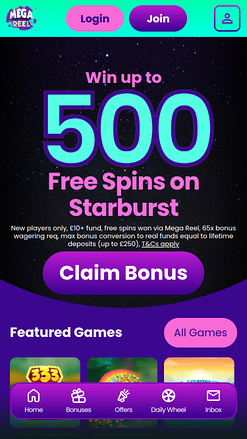 Page d'accueil mobile de Mega Reel Casino