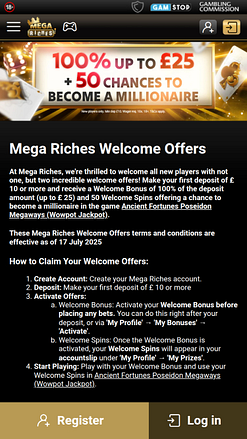 Promociones móviles del casino Mega Riches