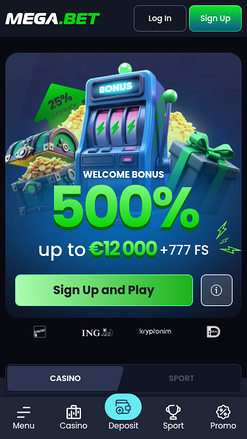 Page d'accueil mobile du casino Mega.bet
