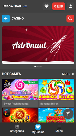 Megapari Casino Mobile Homepage