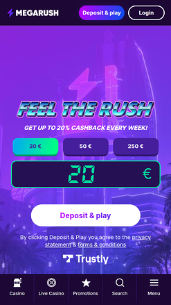 Page d'accueil mobile de MegaRush Casino