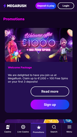 Promotions mobiles du casino MegaRush
