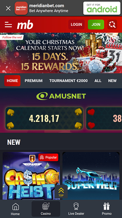 Page d'accueil mobile du casino Meridian Bet
