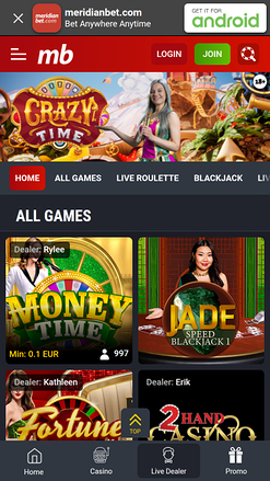 Casino mobile Meridian Bet avec croupier en direct