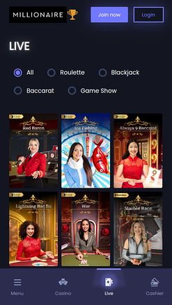 Casino móvil Millionaire con crupier en vivo