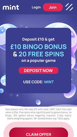 Mint Bingo Casino Mobile Homepage