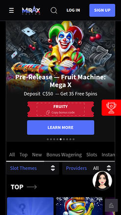 Page d'accueil mobile du casino Mirax