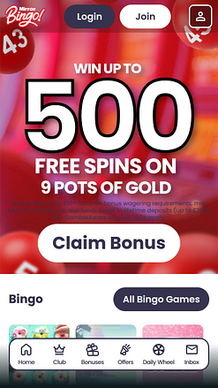Pagina iniziale mobile di Mirror Bingo Casino