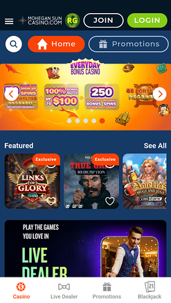 Page d'accueil mobile du casino Mohegan Sun