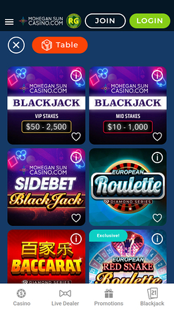 Jeux de table mobiles du casino Mohegan Sun