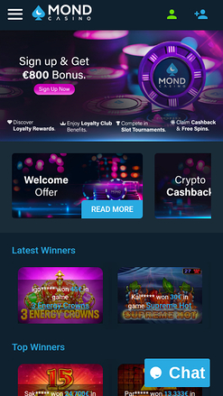 Page d'accueil mobile du casino Mond