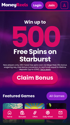 Page d'accueil mobile du casino Money Reels