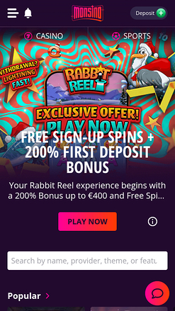 Page d'accueil mobile du casino Monsino