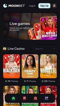 Pagina mobile del croupier dal vivo del casinò MoonBet