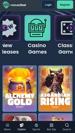 Screenshot della pagina mobile dei giochi del casinò Move2bet